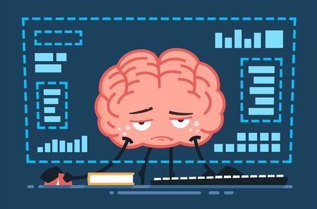 tired vector brain character working in front of the computer at nightのイラスト素材