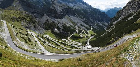 Italy, Famous road to Stelvio Pass in Alps. Alpine landscape. Mountain serpentineの写真素材