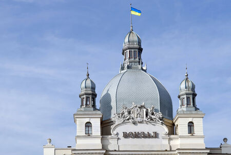 Train Station Lviv, Ukraine. Ukrainian flagの写真素材