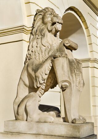 Marble sculpture - a lion near the town hall in Lviv, Ukraine. Symbol, emblem of the cityの写真素材