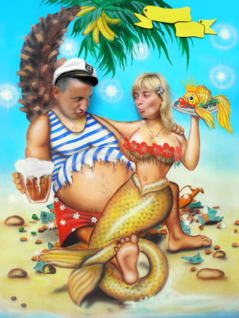 A fat man with a beer and a woman mermaid with goldfish. Collage - a symbol of wealth, success, love and relaxation.の写真素材