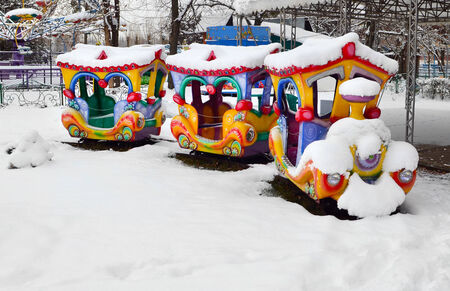 Winter city park in the snow. Childrenの写真素材