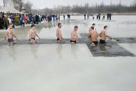 Healthy lifestyle. Courage, courage, activity. Swimming in the ice-hole on Epiphanyのeditorial素材