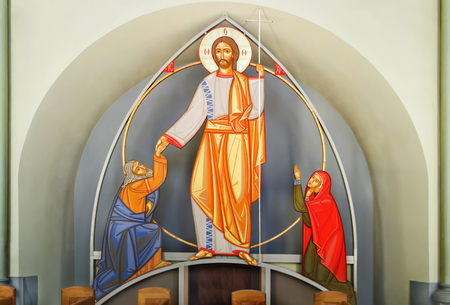 Jesus Christ with the Cross on Calvary, in the temple of Olga and Elizabeth in Lvivの写真素材