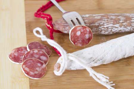 Culinary traditional spanish sausages on wooden  background の写真素材