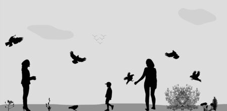 Family in the Park Feeding the Birds Illustration.のイラスト素材