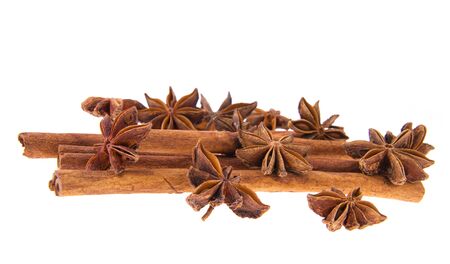 Dried Cinnamon, Anise. Isolated on White Background.の写真素材