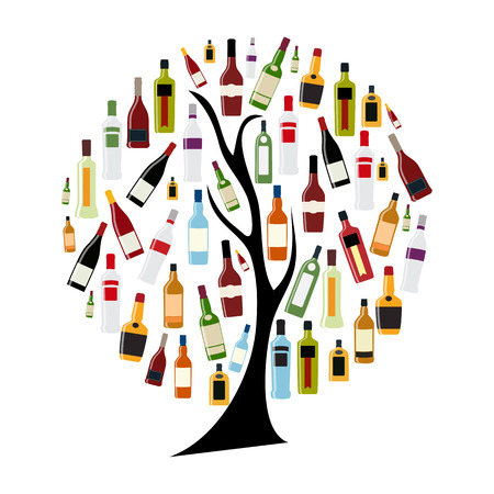 Vector Illustration of Silhouette Alcohol Bottle on Tree Conceptのイラスト素材