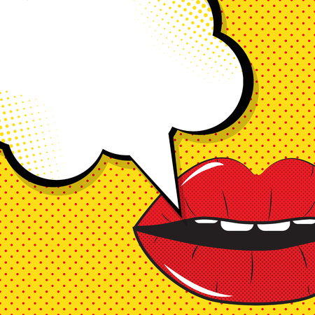 Open Red Lips with Speech Bubble Pop Art Background On Dot Background Vector Illustration のイラスト素材