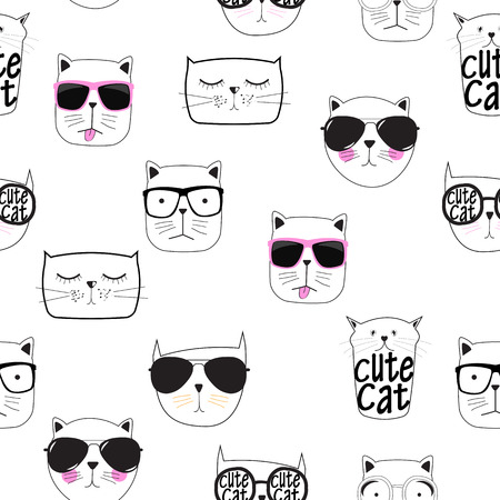 Cute Handdrawn Cat Seamless Pattern Vector Illustrationのイラスト素材
