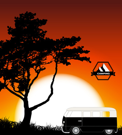 Cartoon Minibus in Nature a Tree Silhouette.のイラスト素材