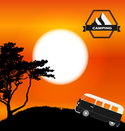 Cartoon Minibus in Nature a Tree Silhouette.のイラスト素材