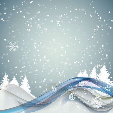 Abstract Christmas and New Year Wave Background with Lights, Trees Snowflakes. Vector Illustrationのイラスト素材