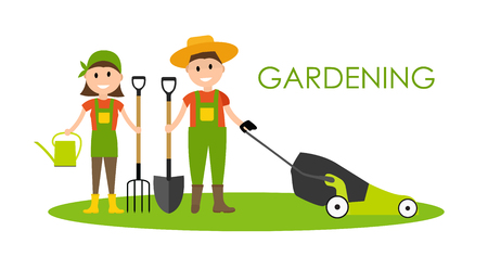 Garden Background Vector Illustration. Farmer Gardener Man and Wのイラスト素材