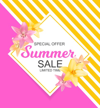 Summer Sale Banner with Lily Flowers. Cute Natural Background vector illustration.のイラスト素材