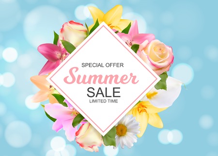 Summer Sale Banner with Lily, Rose, Chamomile and Calla Flowers.のイラスト素材