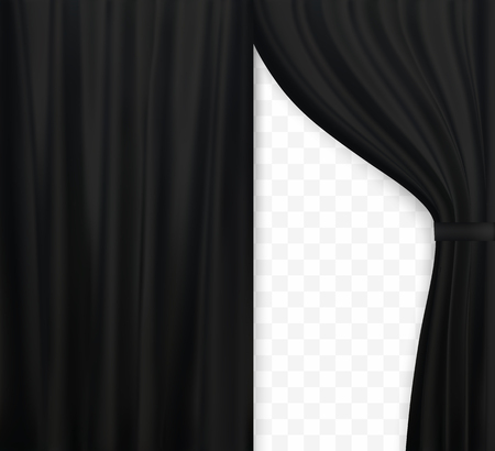 Naturalistic image of curtain, open curtains black color on transparent background vector illustration.のイラスト素材