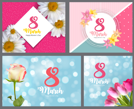 Poster International Happy Womens Day 8 March Floral Greeting card COllection Set Vector Illustrationのイラスト素材
