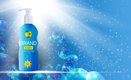Sun Care Cream Bottle, Tube Template for Ads or Magazine Background. 3D Realistic Vector Iillustrationのイラスト素材