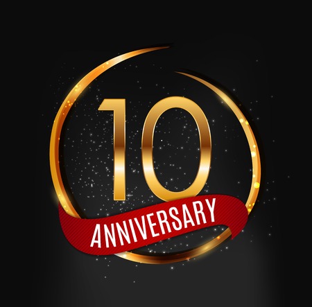 Template Gold Logo 10 Years Anniversary with Red Ribbon Vector Illustrationのイラスト素材