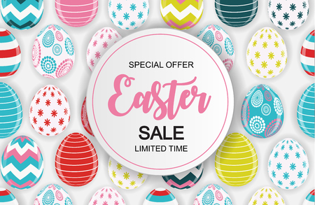 Happy Easter Cute Sale Poster Background with Eggs. Vector Illustration.のイラスト素材