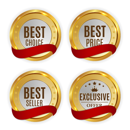 Best Price, Seller, Choice and Exclusive offer Golden Shiny Label with Red Ribbon Sign Collection Set. Vector Illustrationのイラスト素材