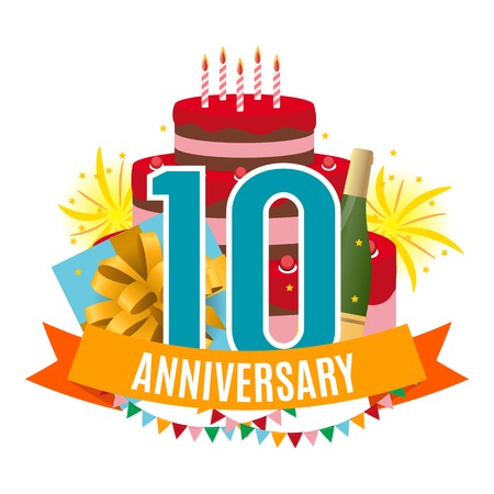 Template 10 Years Anniversary Congratulations, Greeting Card with Cake, Gift Box, Fireworks and Ribbon Invitation Vector Illustrationのイラスト素材