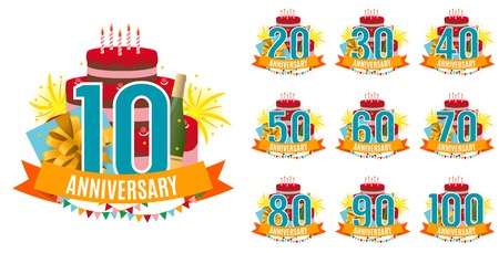 Template from 10 to 100 Years Anniversary Congratulations, Greeting Card Collection Set with Cake, Gift Box, Fireworks and Ribbon Invitation Vector Illustrationのイラスト素材