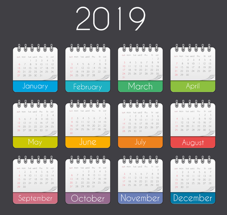 Colorful year 2019 calendar template. Vector Illustration EPS10のイラスト素材