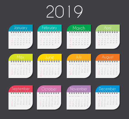 Colorful year 2019 calendar template. Vector Illustration EPS10のイラスト素材