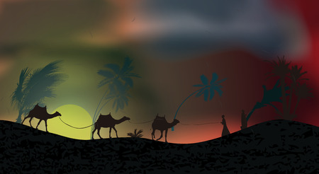 Palm trees during storm, hurricane, sand and dust storms in the desert. Leaves fly across the sky. Vector Illustrationのイラスト素材