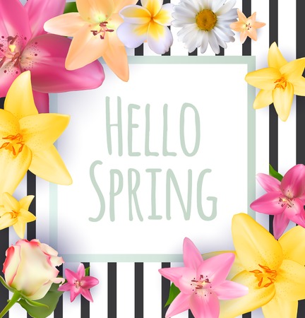 Hello Spring Banner Greetings Design  Background with Colorful Flower Elements. Vector illustration.のイラスト素材