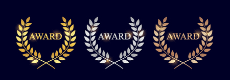 Golden, silver and bronze Award Laurel Wreath isolated on dark background . Winner Leaf label,  Symbol of Victory. Vector Illustrationのイラスト素材