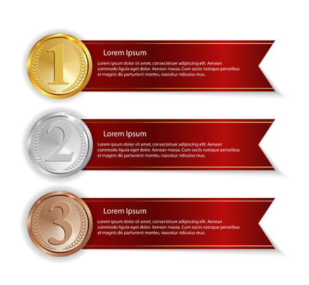 Champion Gold, Silver and Bronze Medal with Red Ribbon Icon Sign First, Secondand Third Place Collection Set Isolated on White Background. Vector Illustrationのイラスト素材