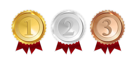 Champion Gold, Silver and Bronze Medal with Red Ribbon Icon Sign First, Secondand Third Place Collection Set Isolated on White Background. Vector Illustration EPS10のイラスト素材