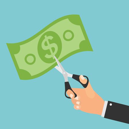 Hand scissors cutting money. Sale concept. Vector Illustration EPS10のイラスト素材