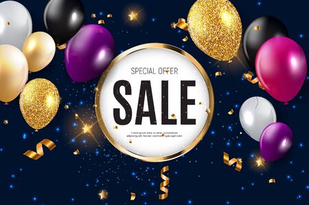 Sale banner with floating balloons. Vector illustration.