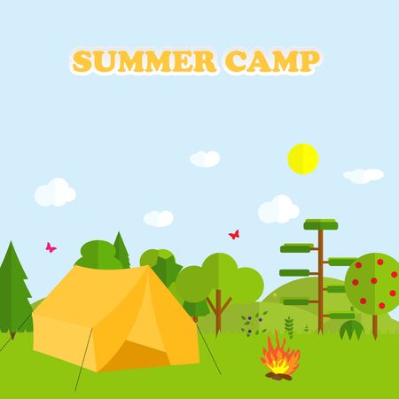 Flat cartoon style illustration nature landscape and trees. Summer Camp Concept. Vector Illustration EPS10のイラスト素材