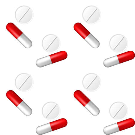 Naturalistic red and white capsule and white tablets. Cure for diseases. Vaccine in pill. Seamless pattern. Vector Illustration.のイラスト素材