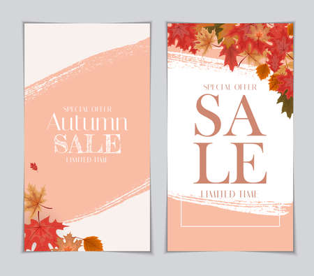 Abstract Vector Illustration Autumn Sale Background with Falling Autumn Leaves.のイラスト素材