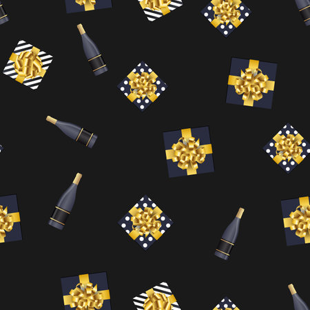 Bottle of champagne and gift box seamless pattern background. Vector Illustration EPS10のイラスト素材