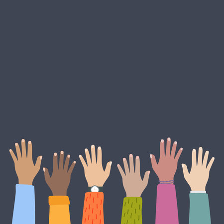 Multicultural and multiethnic people community integration concept with raised human hands. Racial equality of different culture and countries background. Vector Illustration.のイラスト素材
