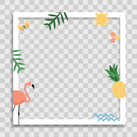 Empty Photo Frame Template with Palm Leaves, Pink Flamingo and Pineapple for Media Post in Social Network. Vector Illustrationのイラスト素材