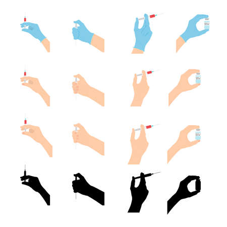 Hand in a medical glove holds bottle and syringe with a vaccine set. Vaccination Concept. Vector Illustrationのイラスト素材
