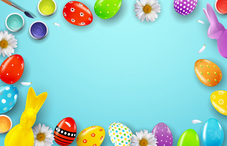 Easter poster template with 3d realistic Easter eggs. Template for advertising, poster, flyer, greeting card. Vector Illustrationのイラスト素材