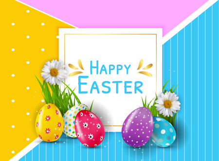Easter poster template with 3d realistic Easter eggs. Template for advertising, poster, flyer, greeting card. Vector Illustrationのイラスト素材