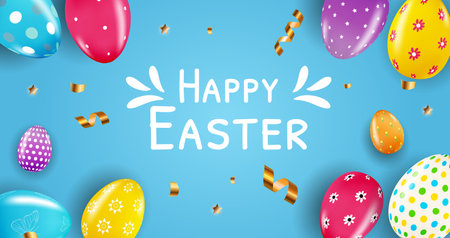 Easter sale poster template with 3d realistic Easter eggs and paint. Template for advertising, poster, flyer, greeting card. Vector Illustration.のイラスト素材