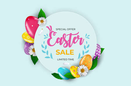 Easter sale poster template with 3d realistic Easter eggs. Template for advertising, poster, flyer, greeting card. Vector Illustration.のイラスト素材