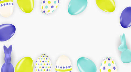 Easter poster template with 3d realistic Easter eggs and paint. Template for advertising, poster, flyer, greeting card. Vector Illustrationのイラスト素材