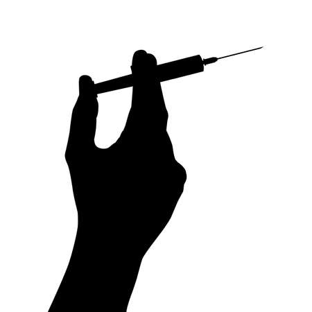 Black Hand silhouette holds a syringe with a vaccine. Vaccination Concept. Vector Illustration EPS10のイラスト素材